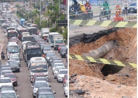 Cratera provoca congestionamento quilométrico na avenida Torquato Tapajós