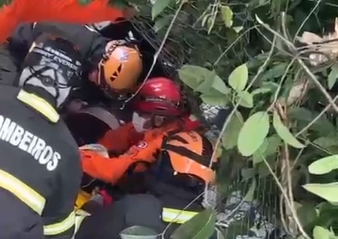 Motorista fica preso às ferragens após carro cair em área de mata na Av. Jacira Reis