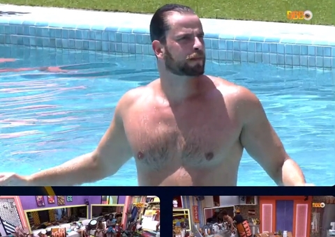 BBB22: Lari e Gustavo tomam banho de piscina e brothers assistem pelo telão