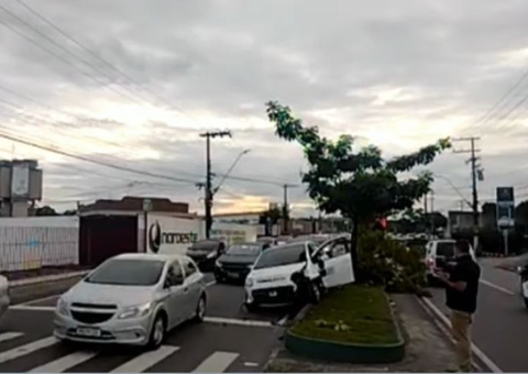 Carro invade canteiro e colide com árvore em avenida de Manaus