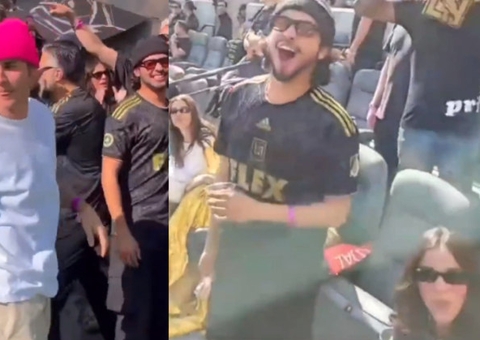 Bruna Marquezine assiste jogo com Xolo Maridueña ao lado de Justin e Hailey Bieber