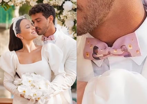 Noivo usou gravata de ‘Rapunzel’ em casamento com Larissa Manoela: ‘Vejo enfim a luz brilhar’
