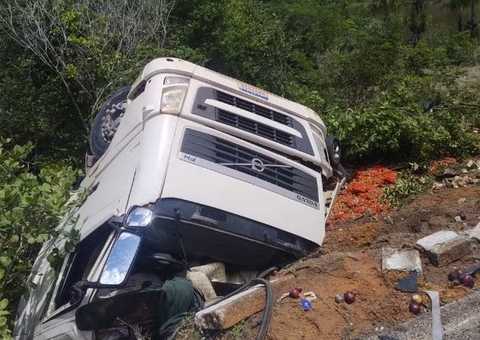 Caminhão carregado com alimentos cai em barranco na BR-174