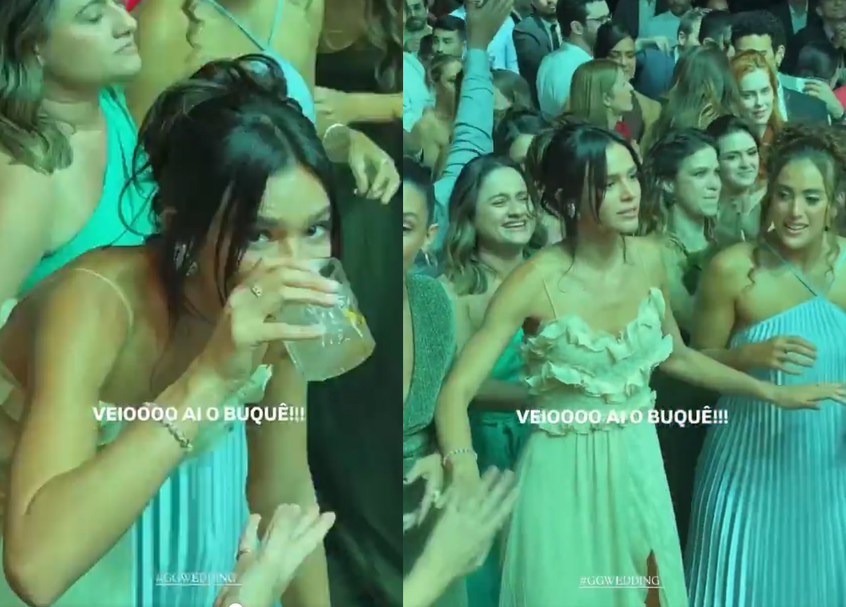 Bruna Marquezine “luta” por buquê em casamento de Gi Lancellotti; vídeo