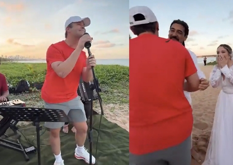 Matheus, da dupla com Kauan, canta de surpresa em casamento e reação da noiva é a melhor; vídeo