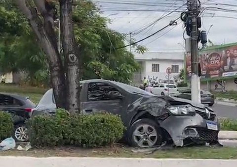 Carro invade canteiro e atinge árvore no meio da Av. Darcy Vargas