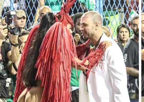 Paolla Oliveira e Diogo Nogueira desfilam juntos e trocam beijos na Sapucaí