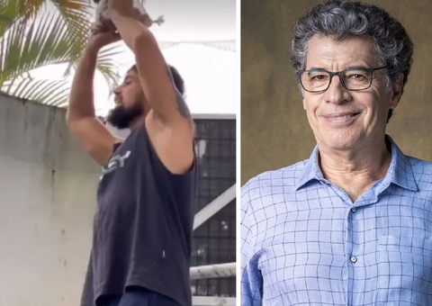 Rafael Cardoso joga encomendas pelo muro da casa de Paulo Betti