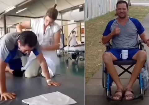 Homem que teve coluna esmagada por aparelho em academia engatinha pela 1ª vez