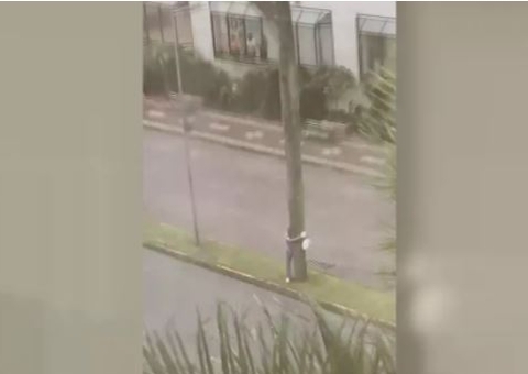 Homem se agarra em árvore para não ser levado por ventania de 91 km/h