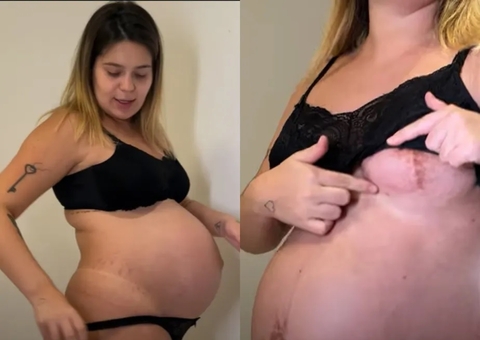 Viih Tube faz ‘tour’ pelo corpo e mostra marcas na reta final da gravidez