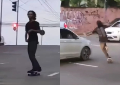 Homem desce ladeira de skate e é atingido por carro durante acidente em Manaus; vídeo