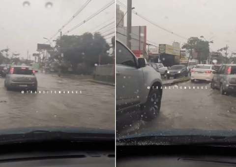 Avenida Djalma Batista fica inundada durante forte chuva em Manaus; vídeo