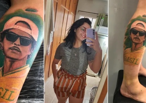 Brasileira tatua rosto de Bruno Mars e cantor compartilha: 'zerei a vida'