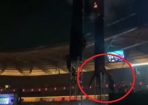 Bombeiro despenca de treliça ao tentar apagar fogo durante festa da Pump em Manaus; vídeo