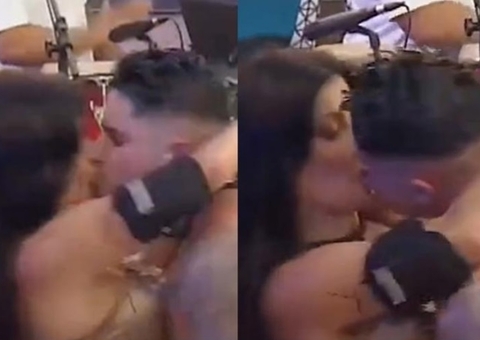 Jaque e Lucas dão beijão durante festa de A Fazenda
