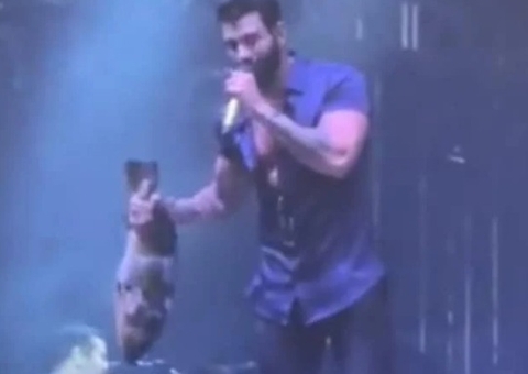 Gusttavo Lima ganha peixe de fã durante show; Vídeo