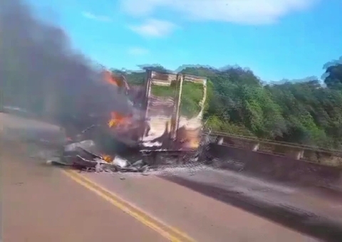 Vídeo: Incêndio destrói baú de caminhão na BR-174