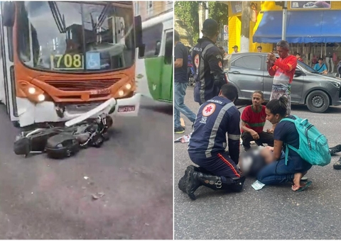 Motociclista tem perna dilacerada em acidente com ônibus no Centro