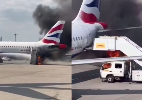 Incêndio atinge veículo ao lado de avião em aeroporto; vídeo
