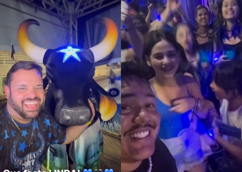 Ex-BBBs Michel e Buda marcam presença na festa da vitória do Boi Caprichoso