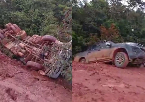 Vídeo: Caçamba e picape despencam de ribanceira em meio ao lamaçal na BR-319