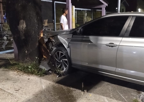 Carro desgovernado atinge árvore e portão de casa na Avenida das Torres