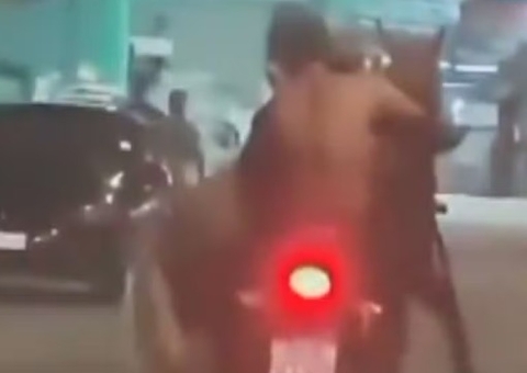 Casal é flagrado transportando cavalo em moto 