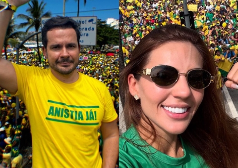 Alberto Neto e Débora Menezes participam de ato por anistia com Bolsonaro em Copacabana