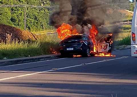 Carro é consumido por fogo na Av. das Flores; vídeo