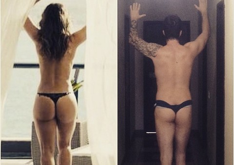 De fio-dental, Rafinha Bastos reproduz cena de Paolla Oliveira