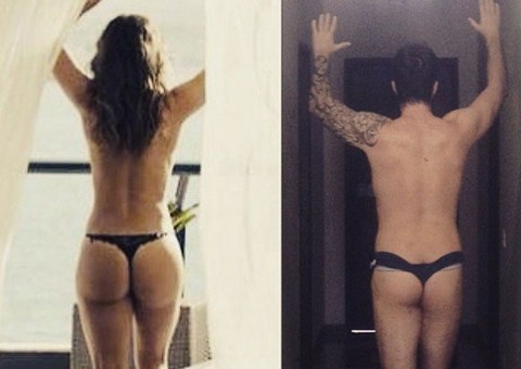 Rafinha Bastos posa de fio dental imitando cena de Paolla Oliveira