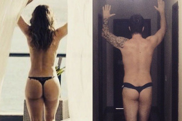 Rafinha Bastos posa de fio dental imitando cena de Paolla Oliveira