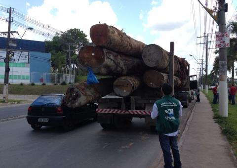 Fiscais do Ipaam autuam caminhão quebrado com toras de madeira 