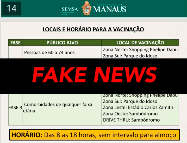 É fake lista com postos de vacinação contra covid em Manaus